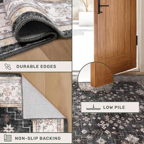 Black Boho Washable Entry Rug, 3x4 Rugs for Entryway Kitchen Bathroom Door Mat Indoor Entrance, Non Slip Rubber Backing, Stain & Fade Resistant, Ashen Charcoal Floral Design - Image 5