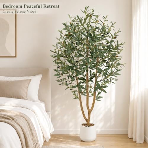 6FT Olive Trees Artificial, Large Faux Olive Tree with White Tall Planter, Faux Tree Indoor with Lush Lifelike Fruits for Living Room Bedroom Balcony Corner Office Home Decor - Image 2
