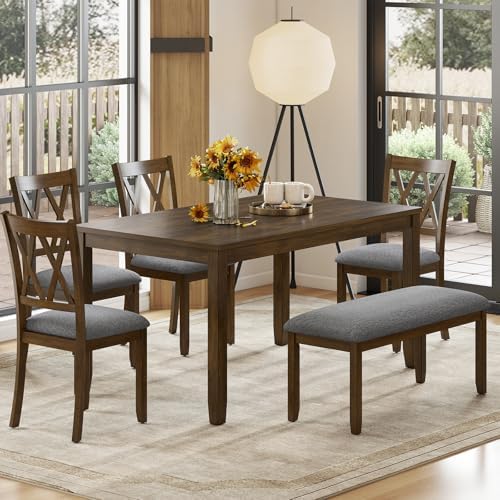 Zevemomo 6-Piece Solid Wood Dining Table Set, for Dining Room, Walnut by Zevemomo