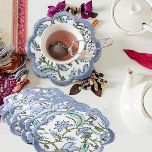 Ridhi 8-Pcs 100% Cotton Hand Block Print Drink Coasters 5" in Columbia Blue by Ridhi