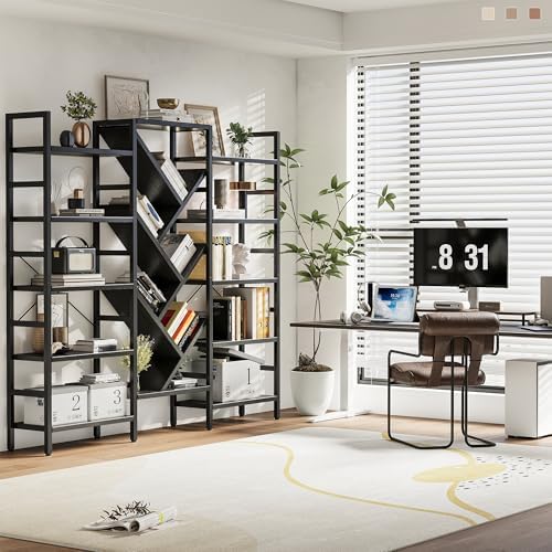 INNOD 70x70” Triple 5 Tier Book Shelf, Large Wooden Bookcase with 17 Open Display Shelf, Modern Tree Bookshelf Metal Frame Tall Book Case Furniture for Living Room Bedroom Home Office Black - Image 7