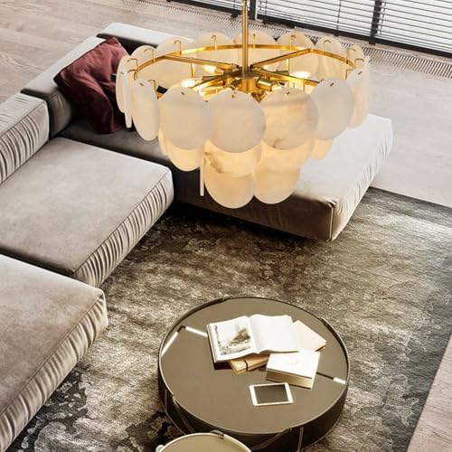 Alabaster Round Chandelier, 26" Natural Spanish Marble Stone Texture Chandeliers, 9-Light Dimmable Alabaster Chandelier, Modern Luxury Lighting for Living Room, Bedroom, Hallway - Image 2