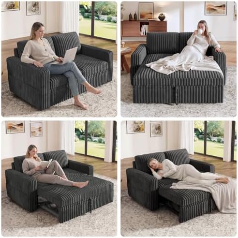 HONBAY Modular Pull Out Sofa Bed,Corduroy Loveseat, Couches for Living Room,Dark Grey - Image 4