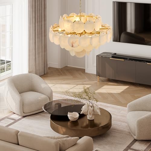 Natural Alabaster Round Chandelier, 31.5" Modern Marble Chandelier with 50 Stone Texture Panels, 12-Light Dimmable Spanish Alabaster Chandeliers for Living Room, Dining Room, Hallway - Image 2