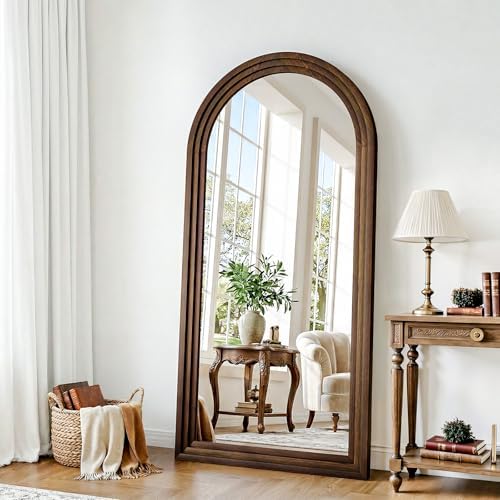 30"x71" Full Length Mirror Solid Wood Frame, Arched Floor Mirror Full Length with Stand, Room Decor Big Full Body Mirror with HD Tempered Glass for Bedroom, Living Room, Walnut Wood - Image 4