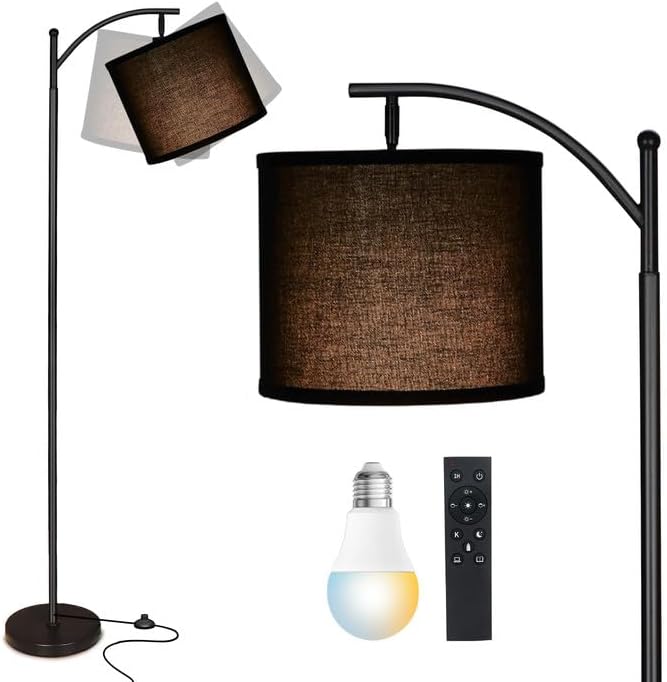 mukuxin LED Floor Lamps for Living Room, 12W 1200LM Modern Arc Floor Lamp with Remote & Adjustable Linen Lampshade, 12 Color Temperature Stepless Dimmable Tall Standing Lamp by Mukuxin