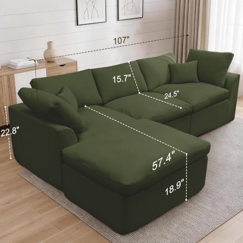 Korser 110" Cloud Sectional Couches for Living Room, Modern Modular Sectional Sofa with Ottoman, Boneless Cloud Couch with Comfy Deep Seats, Fluffy Chenille L-Shape Sofa Couch for Living Room, Green - Image 2