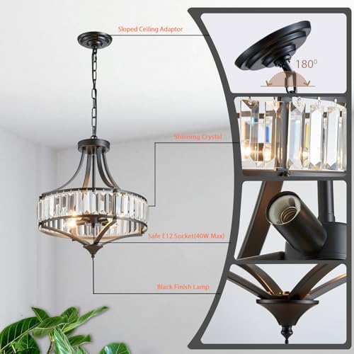 Black Crystal Chandeliers for Dining Room, Round Rustic Farmhouse Chandelier with Metal Shade 4-Light Modern Pendant Lighting for Hallway, Bedroom, Foyer - Image 5