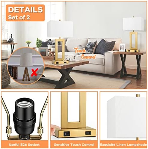 TOBUSA 22" Gold Modern Table Lamp Set of 2 with 2 USB Ports&AC Outlet - Image 6