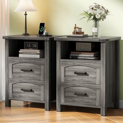 Decofy Farmhouse Nightstand Set of 2 with Charging Station, 2 Drawers by Decofy