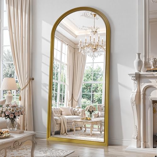 71"x32" Gold Ornate Antique Vintage Arched Full Length Mirror with Stand, Floor Standing Mirrors for Living Room Bedroom Entryway Cloakroom Outfit Check with Shatter-proof Nano Tempered Glass by WISSMIELSHOME