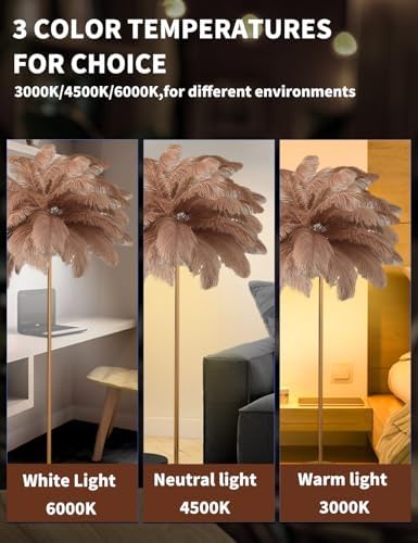 Feather Floor Lamp,Fluffy Ostrich Feather Floor Lamp for Bedroom,3 Color Temperatures Led Corner Modern Floor Lamps for Living Room Christmas Home Decor House Warming Gifts,63″ Height,50 Piece(Brown) - Image 3