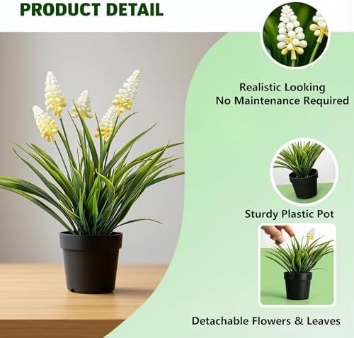 MONOID Artificial Potted Plants, Realistic Fake Greenery for Desk, Home Office Bathroom Shelf Farmhouse Table Decor, Maintenance Free (2, Hyacinth White) - Image 5