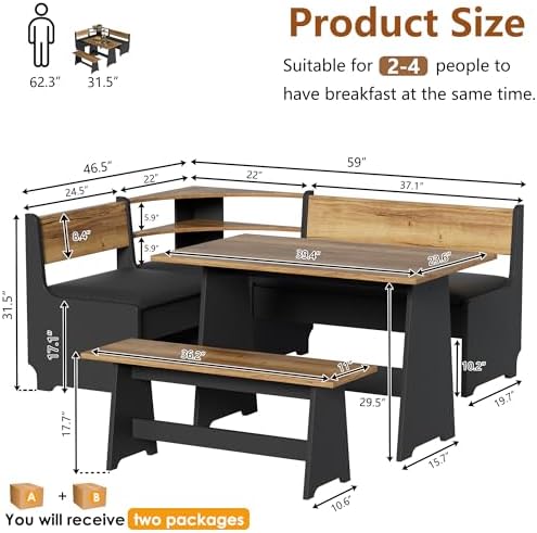 PAKASEPT Corner Breakfast Nook Table Set Kitchen Bench with Soft Cushion - Image 2