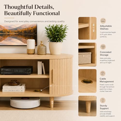 MXV 58" Mid-Century Modern TV Stand with Sliding Doors, TV Consoles with Power Outlet, Fluted Entertainment Center with Adjustable Shelves for Living Room - Image 4