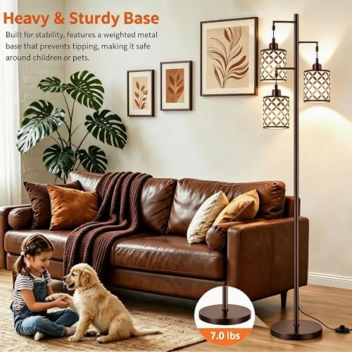 72" Dimmable Floor Lamp with Remote & Timer, Industrial Farmhouse Rustic Standing Lamp for Living Room Bedroom, 3 Individually Controlled Heads, 2 Height Options, 3 x LED Bulbs Included - Image 5