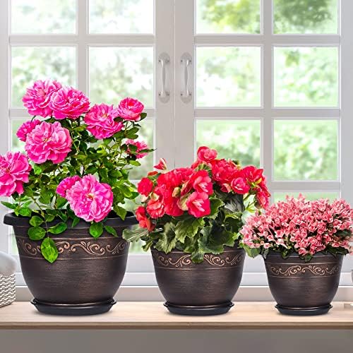 Plastic-Plant-Flower-Planters-8 Inch With Drainage Hole & Saucer, 6 Packs Lightweight Small Resin Flower Pot Indoor Outdoor, Retro Antique Imitation Decorative Garden Containers Sets For Houseplants - Image 5