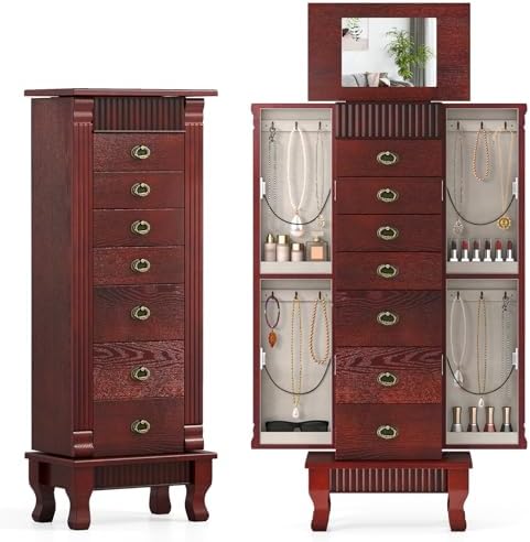DREAMADE Jewelry Armoire, Standing Jewelry Box w/Mirror & 7 Drawers, Brown by DREAMADE