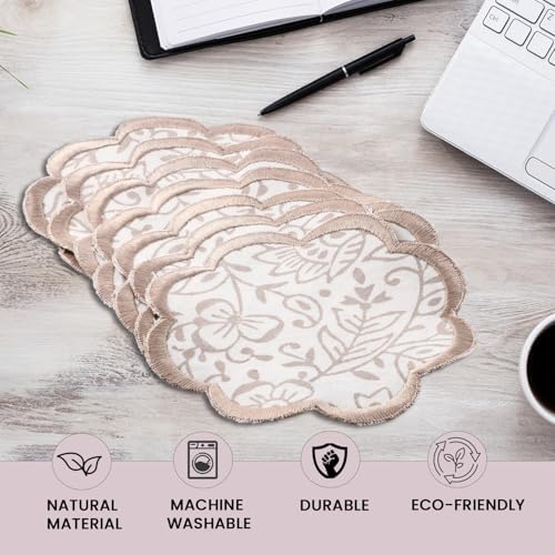 Ridhi 8-Pcs 100% Cotton Hand Block Print Drink Coasters 5" in Taupe Jal - Image 4