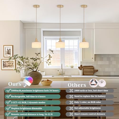 Shenmoyl Battery Operated Pendant Light 5000mAh Rechargeable Chandelier with Remote Control Wireless Adjustable Hanging White Striped Light for Kitchen Island Dining Room Hallway, 2 Pack - Image 5