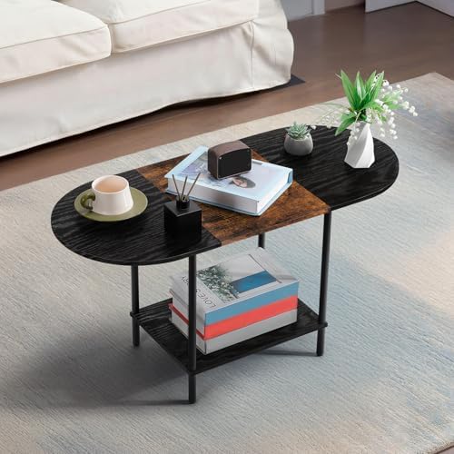 Coffee Tables for Living Room,Mid Century Small Oval Center Table with 2-Tier Storage Shelf and Wood Tabletop,Farmhouse Narrow Cocktail Tea Table for Small Space,Apartment,Black Brown by Unknown