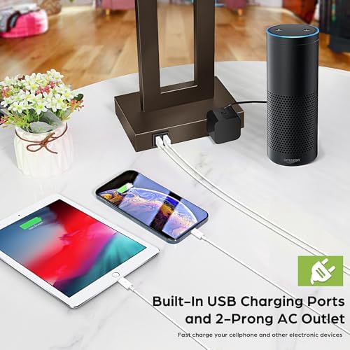 TOBUSA 22" Brown Modern Table Lamp Set of 2 with 2 USB Ports&AC Outlet - Image 5