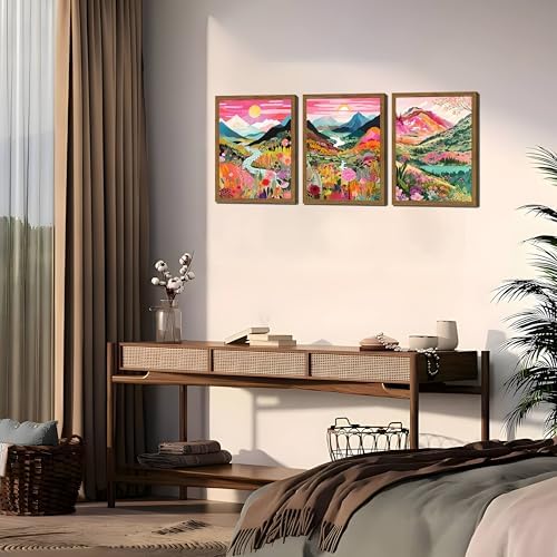 Boho Colorful Mountain Wall Art Set of 3, Abstract Watercolor Landscape Flower Wall Decor Paintings, Modern Nature Sunset Forest Posters Prints for Living Room, Bedroom 16x24 Inch Wood Framed - Image 7