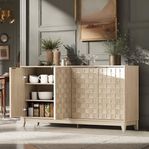 COLAMY 60" Sideboard Buffet Cabinet with Storage, Modern 4-Door Buffet Table with 3D Checkerboard Doors & Solid Wood Legs, Large Coffee Bar Cabinet for Dining Room, Living Room, Entryway,Oak Mist - Image 3