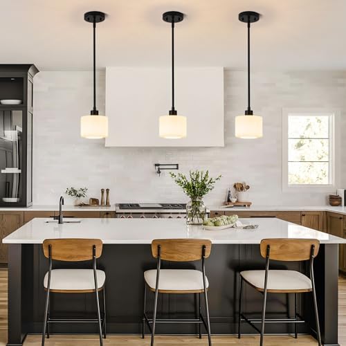 Milk Glass Pendant Lights Kitchen Island, 1-Light Modern Black Hanging Light Fixtures with Rods, Mini Kitchen Pendant Lighting Over Island for Sink Bathroom, OS-YQ8153-1PBK - Image 4