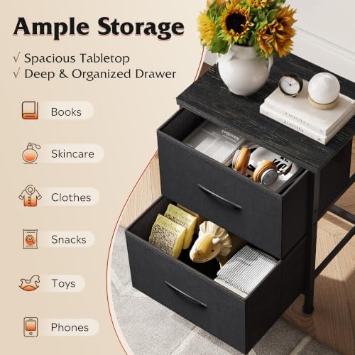 WLIVE Black Night Stand, Small Dresser with 2 Drawers & Wooden Top, Nightstand with Fabric Bins, Bedside Table End Table for Bedroom, Closet, Entryway, College Dorm, Charcoal Black - Image 4