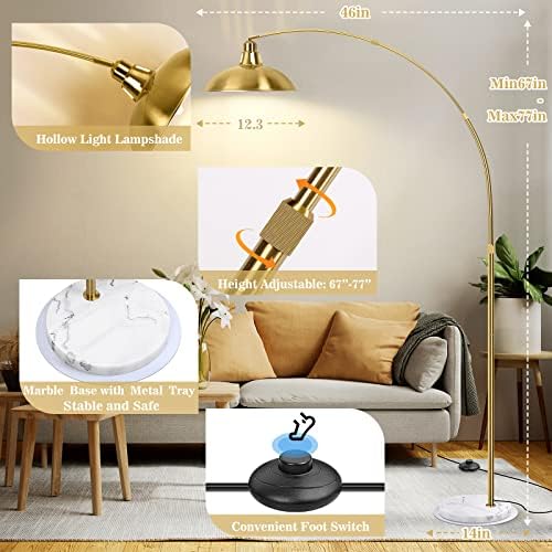 FILIYANO Modern Gold Arc Floor Lamp with Marble Base, Adjustable 67-77” - Image 2