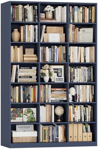 HOSTACK 86" H Triple Wide Bookshelf and Bookcase, 7 Tier Tall Bookshelf with Storage, Large Bookcase with 21 Open Display Storage Shelves, Wood Book Shelf Media CD DVD Storage for Living Room, Blue by HOSTACK