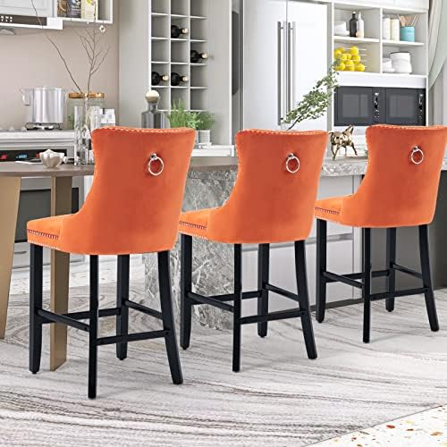 SoarFlash Modern Velvet Upholstered Bar Stools Set of 2 with Wood Legs, Button Tufted,Chrome Nailhead, Counterstool Seat, Armless Bar Chairs (Orange) - Image 6