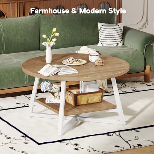 Coffee Table for Living Room, Round Coffee Table, Small Circle Coffee Table with Storage, Modern Wood Round Center Table for Home Office, Small Space, Easy Assembly, Light Coffee - Image 4