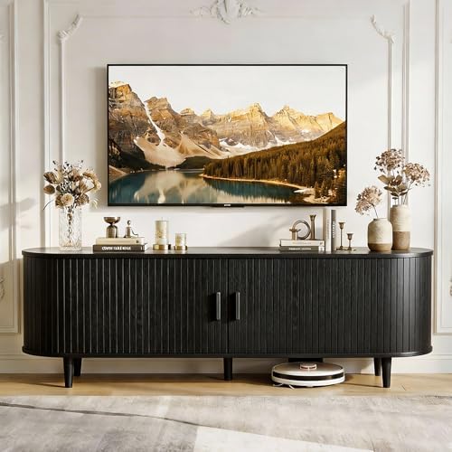 MXV 65" Mid-Century Modern TV Stand with Sliding Doors, TV Consoles with Power Outlet, Fluted Entertainment Center with Adjustable Shelves, for Living Room by Unknown