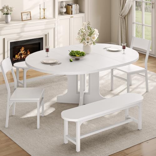 Einhomn 59" Extendable Round Dining Table Set for 4-6, 5-Piece Kitchen & Dining Room Table with 2 Chairs & 2 Benches, Wood Oval Dinner Table with Heavy Duty Pedestal Base, for Small Spaces, White by Einhomn