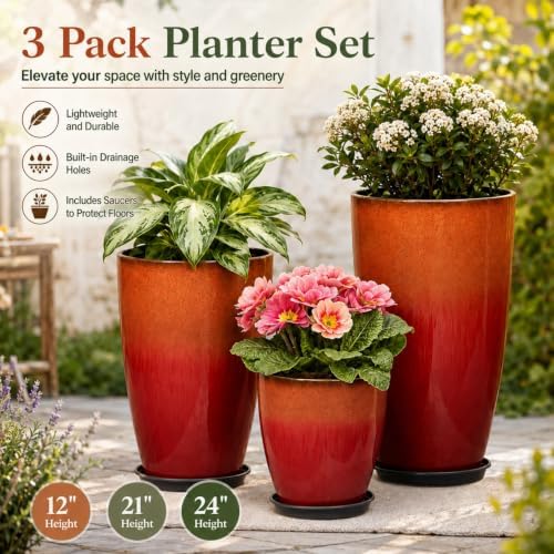 Neoaider Set of 3 Tall Planter, 24/21/12in Large Plastic Planter, Firey Red - Image 2