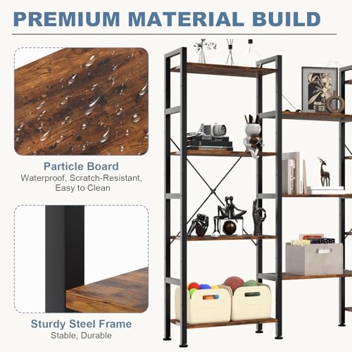 DUMOS Triple Column 4 Tier Bookshelf, Wide Industrial Bookcase, Brown - Image 5