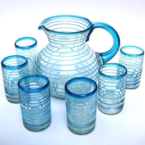 Aqua Blue Spiral 120 oz Pitcher and 6 Drinking Glasses set, Recycled Glass, Lead-free, Toxin-Free (Pitcher & Glasses) by MexHandcraft