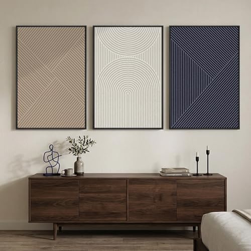Large Framed Beige Blue Abstract Wall Art for Living Room, 3 Piece 24x36 In - Image 2