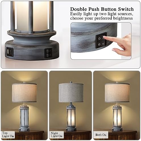 AIEAMPDO Set of 2 Rustic Table Lamps for Living Room with 2 USB C+A Ports - Image 4