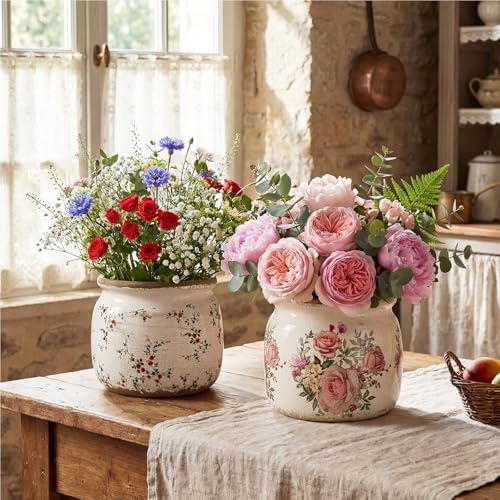 2 Pcs Vintage Planter Ceramic Plants Pot with Drainage Ice Crack Scroll Flower Vase Pot for Indoor Outdoor Plants Home Kitchen Decor Gifts(Farmhouse Rose,5.9") - Image 6
