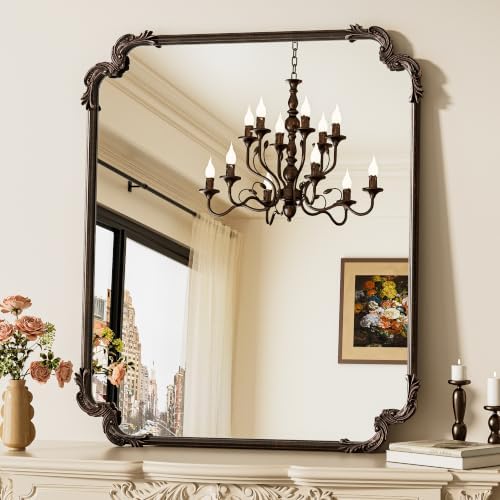 TETOTE Antique Bronze Rectangle Mirror for Mantle Fireplace 30 x 36 Baroque Vintage Ornate Scroll Wall Mirror with Metal Frame for Traditional Victorian French Decor, Horizontal/Vertical by TETOTE