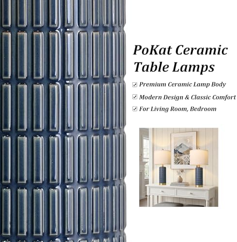 PoKat 25'' Blue Table Lamps for Bedroom Living Room Set of 2, Modern Ceramic Bedside Lamps with Gold Base for Office Sideboard Entryway Side End Table Nightstand Desk Lamps Home Gift (Dark Blue) - Image 2