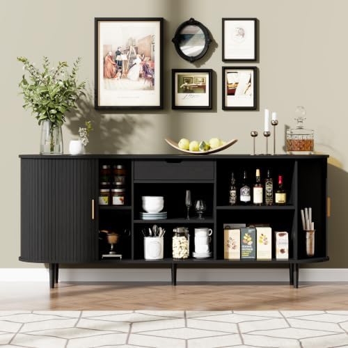 71" Sideboard Buffet Cabinet with Storage,Large Credenza with Sliding Doors and 1 Drawer,Mid Century Modern Coffee Bar Cabinet with Adjustable Shelves for Dining Room, Kitchen, Living Room (Black) - Image 3