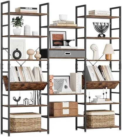 NUMENN Triple Wide 6 Tier Bookshelf with Drawer & Open Shelves, Vintage - Image 3