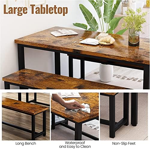 Dining Room Table Set with 2 Benches, Farmhouse Dining Table Set for 4-6, Wood Breakfast Table Set Dinner Table Set Kitchen Table and Chairs for Breakfast Nook Small Spaces, Brown - Image 4