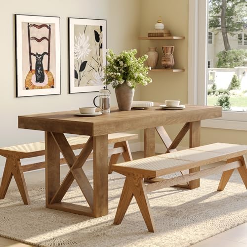 LITTLE TREE 63-Inch Dining Table for 4 People, Farmhouse Thick Appearance Design, Rustic Rectangle Kitchen Dinner Table for Dining Room, Living Room, Yellowish Brown by LITTLETREE
