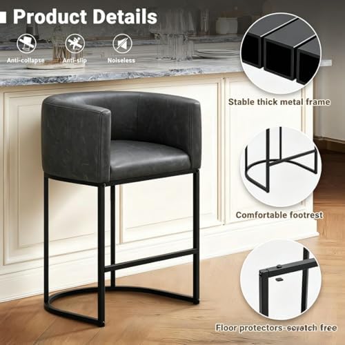 26" H Counter Height Bar Stools, Modern Barrel Counter Stools with Backrest and Arms, Faux Leather Upholstered Accent Barstools for Kitchen Island,Support 450 LBS (Black) - Image 6