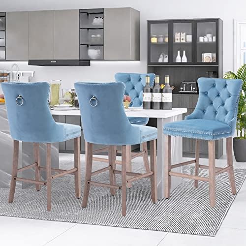 SoarFlash Modern Velvet Upholstered Bar Stools Set of 4 with Wood Legs, Button Tufted,Chrome Nailhead, Counterstool Seat, Armless Bar Chairs (Sky-Blue) - Image 6